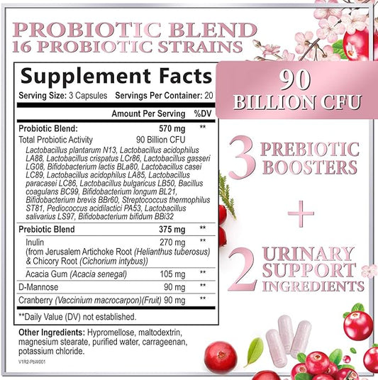 Probiotics for Women Supplement with Cranberry - 16 Premium Strains for PH Balance, Digestive Health, Vaginal & Immune Support, 90 Billion CFU, Women's Probiotic, UT, & Feminine Health - 60 Capsules