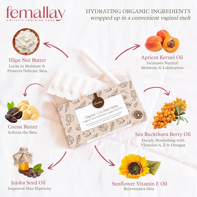 Femallay Organic Vaginal Moisturizing Suppository Melts - 100% Natural Suppositories for Vaginal Odor and Dryness Relief, Ultra-Hydrating Fast-Acting Comfort (Coconut- 2 Pack)