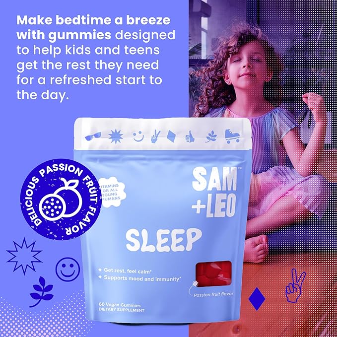 SAM+LEO Sleep - Passionflower, Vitamin B6 & Melatonin Gummies for Kids & Teens - All Natural & Vegan Relaxation & Sleep Gummies for Kids - Passion Fruit Flavor - 60/ct