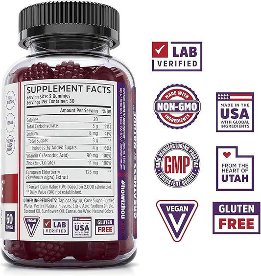 ZHOU Elder-Mune Elderberry Gummies - Black Elderberry Vitamin C, & Zinc, Daily Immune Support Supplement for Women & Men, Natural Chews for Adults & Children 4 & Up - 60 Gummies (3 Pack)