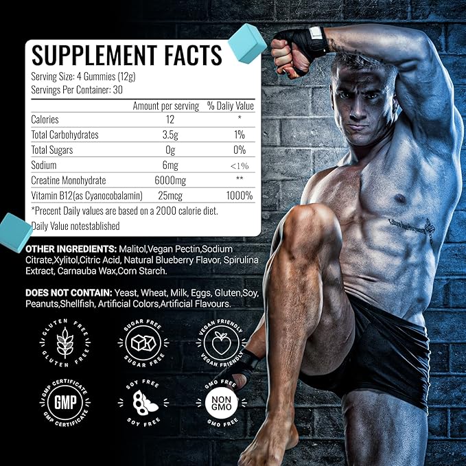 Creatine Monohydrate Gummies 6g for Men Women,Complex Creatine Monohydrate Chewable for Muscle Strength,Muscle Building,Energy Boost,Pre-Workout Energy Supplement,Vegan Blueberry - 120 Count