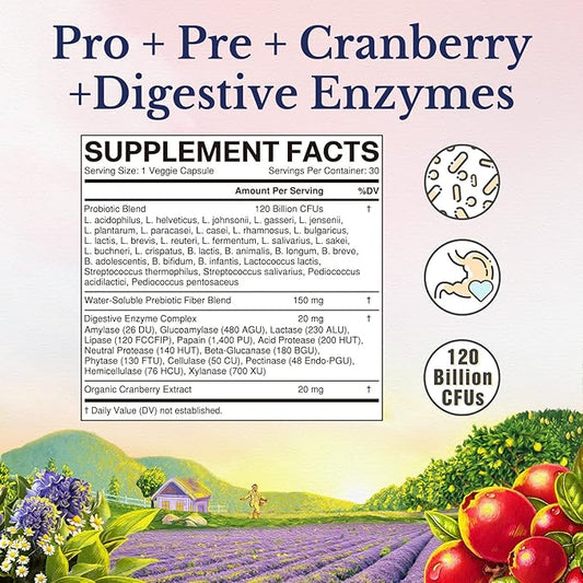 Vitalitown Women's Probiotics 120 Billion CFUs 1 Daily, 30 Strains, with Prebiotics & Digestive Enzymes & Cranberry, Gut & Vaginal Health, Vegan 60 Delayed Release Caps
