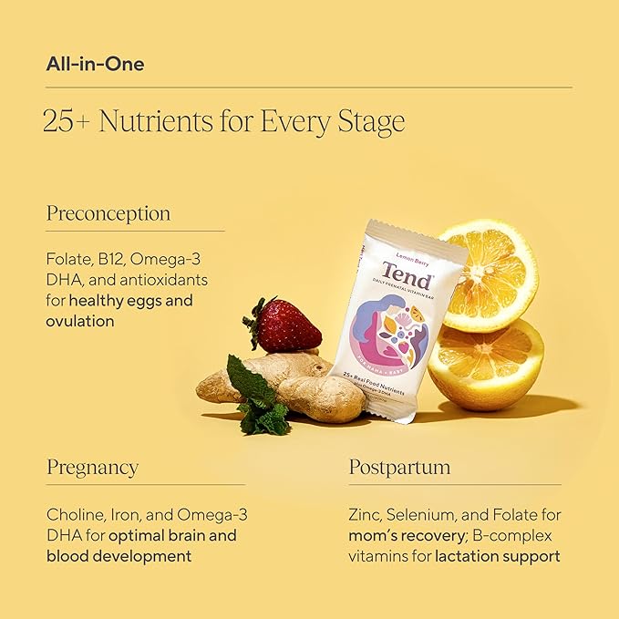 Tend Daily Best Prenatal Vitamin Bar, Made with Organic Ingredients for Pregnant & Postpartum Mothers, Includes DHA, Vitamin D, B, Choline, Folate - Lemon Berry (7ct)