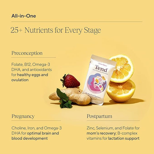 Tend Daily Best Prenatal Vitamin Bar, Made with Organic Ingredients for Pregnant & Postpartum Mothers, Includes DHA, Vitamin D, B, Choline, Folate - Lemon Berry (7ct)