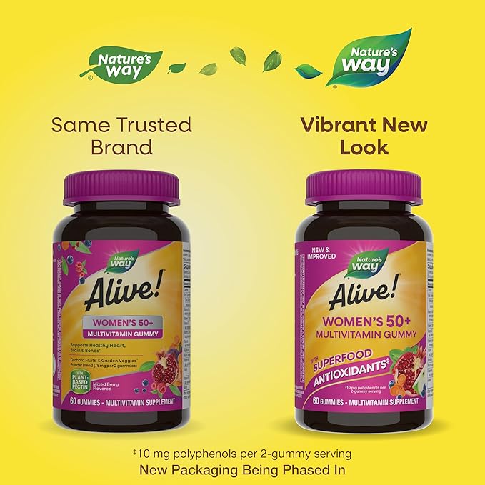 Nature's Way Alive! Women's 50+ Daily Gummy Multivitamins, Women's Supplements, Supports Healthy Heart, Brain & Bones,* B-Vitamins, Mixed Berry Flavored, 60 Gummies (Packaging May Vary)