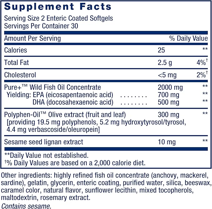 Life Extension Super Omega-3 EPA/DHA Fish Oil, Sesame Lignans & Olive Extract – Heart Health, Brain Health, Inflammation Health Support, Gluten-Free, Enteric-Coated, Non-GMO, 60 Softgels