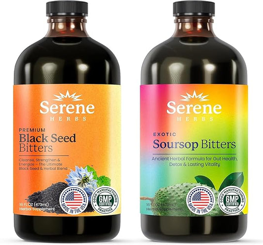 Serene Herbs Soursop Bitters Liquid & Black Seed Bundle – Organic Herbal Guanabana for Digestive Support & Immune Health – Vegan, Non-GMO – 32 oz (16 oz Each), 64 Servings