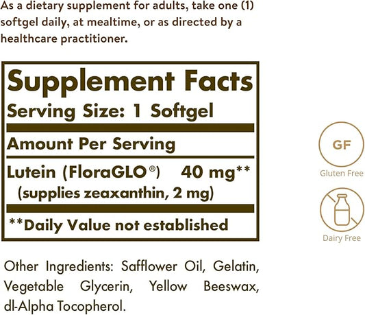 Solgar Lutein 40 mg, 30 Softgels - Supports Eye Health - Helps Filter Out Blue-Light - Contains FloraGLO Lutein - Gluten-Free, Dairy Free - 30 Servings