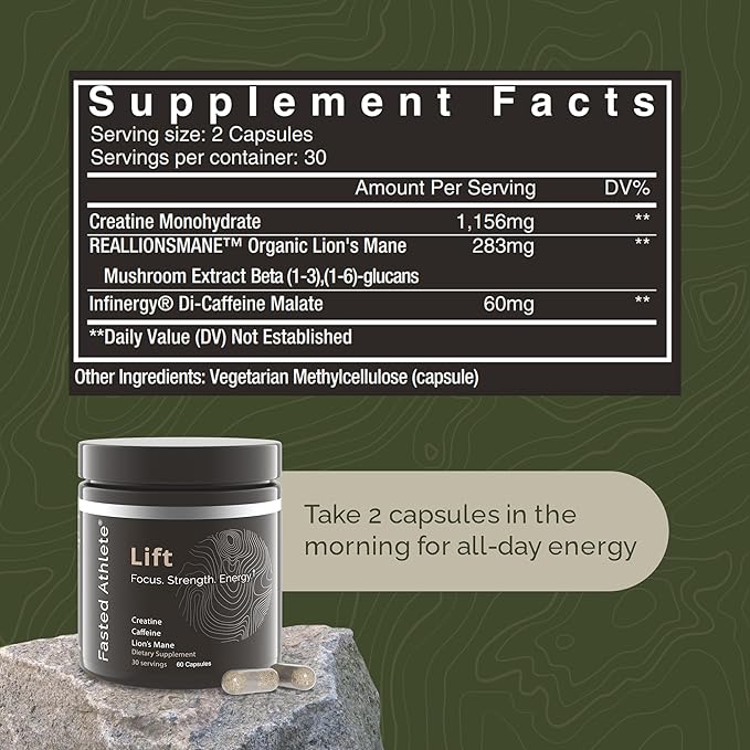 Lift | Nootropic | Lions Mane, Creatine, Caffeine | Mushroom Supplement | Supports Focus, Memory, Energy, Brain Fog | 60 Capsules