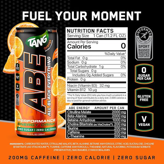 All Black Everything Sugar Free Energy Drink | TANG Orange | 0 Calories | 12 Pack | 200mg Natural Caffeine | Pre-Workout Sport Drink for Men and Women