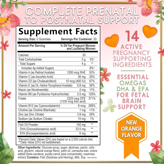 Prenatal Vitamins for Women with DHA & Folic Acid - Best Prenatal Multivitamin Gummies for Women, Brain Development Support, Folate, Vitamin C, D3 & B12, Pre Natal Pregnancy Supplement - 60 Gummies