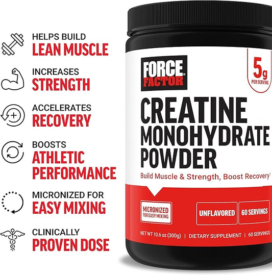 Force Factor Creatine Monohydrate Powder, 5g Micronized Dose to Support Muscle Growth, Strength, Recovery, Cognitive Health & Memory, Unflavored, 60 Servings