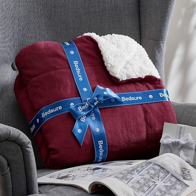 Bedsure GentleSoft Sherpa Fleece Throw Blanket Twin Size for Couch - Thick and Warm, Soft Fuzzy Plush Twin Christmas Blanket for Winter, Burgundy, 60x80 Inches