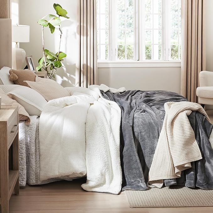 Bedsure GentleSoft Sherpa Fleece Blankets Queen Size for Bed - Thick and Warm, Soft Fuzzy Plush Queen Blanket for Winter, Grey, 90x90 Inches