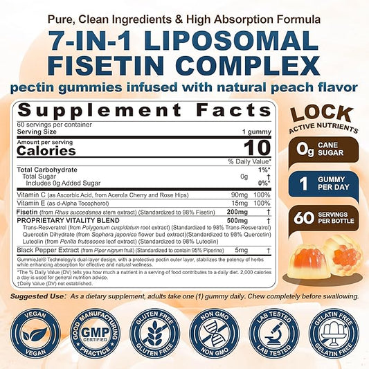 Liposomal Fisetin 200mg & Resveratrol Complex 500mg Liquid Gummies - Longevity & Cell Renewal Support - 98% High Purity Fisetin,Trans-Resveratrol Quercetin Luteolin with Vitamins C & E, 1-A-Day, 60Cts