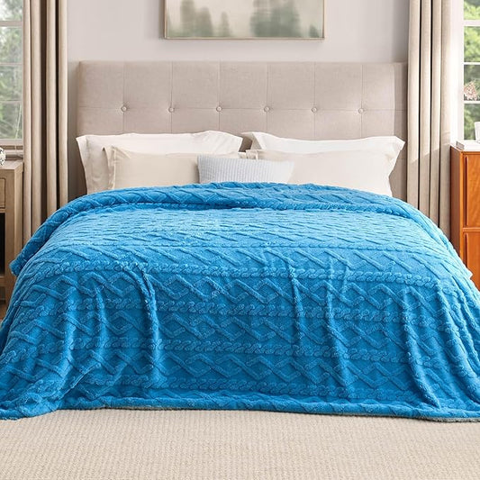 Bedsure Sherpa King Size Blanket for Bed- GentleSoft Fleece Fluffy & Cozy Cable Jacquard Tufted for Women Gift, Thick and Warm Blankets for Winter, Horizon Blue, 108x90 Inches