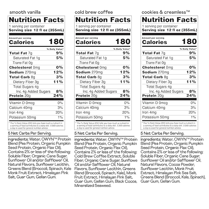 OWYN Only What You Need Plant Based Protein Shake, 20g Vegan Protein from Organic Pumpkin seed, Flax, Pea Blend, Prebiotic supplement, Gluten & Soy-Free (Vanilla Variety Pack, 12 Pack)