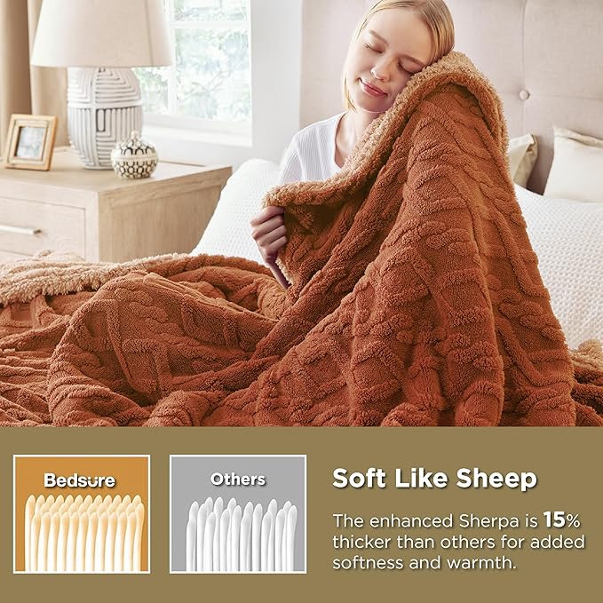 Bedsure Sherpa Queen Size Blanket for Bed - GentleSoft Fleece Fluffy & Cozy Cable Jacquard Tufted for Women Gift, Thick and Warm Blankets for Winter, Orange, 90x90 Inches