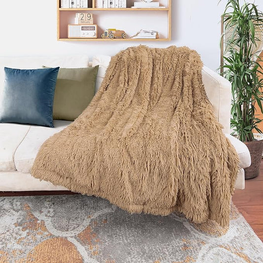Tuddrom Decorative Extra Soft Faux Fur Blanket Queen Size 80" x 90",Solid Reversible Fuzzy Fluffy Cozy Plush Fleece Comfy Microfiber Fur Blanket for Couch Sofa Bed,Camel