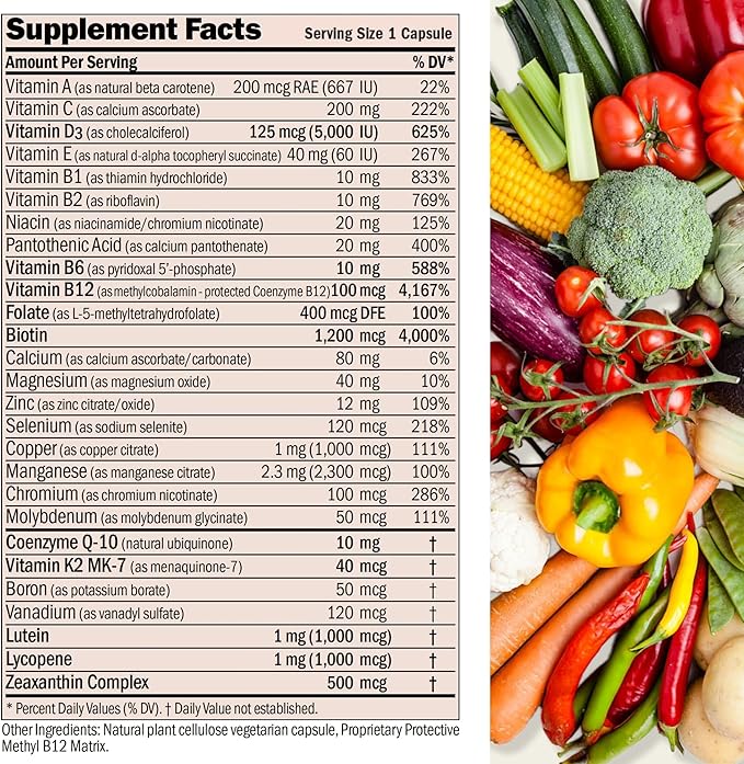 ANDREW LESSMAN Essential-1 nuonce max Multivitamin 5000 IU Vitamin D3 30 Small Capsules. 100 mcg Methyl B12. CoQ10 Lutein Lycopene Zeaxanthin. High Potency. No Additives. Ultra-Mild One Daily Capsule