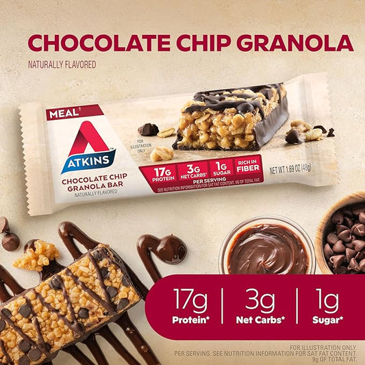 Atkins Chocolate Chip Granola Protein Bar, High Fiber, Low Sugar, 17g Protein, 3g Net Carb, High Protein Bars, Keto Friendly, 12 Count