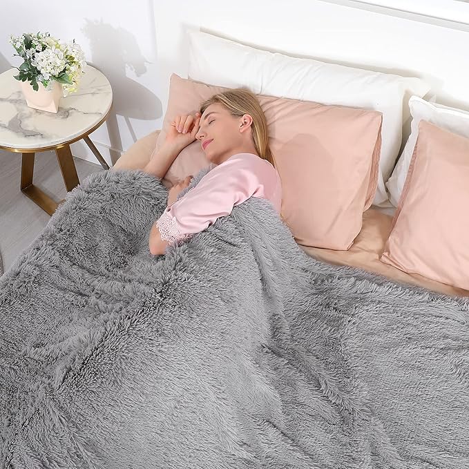 Tuddrom Decorative Extra Soft Faux Fur Blanket Queen Size 80" x 90",Solid Reversible Fuzzy Fluffy Cozy Plush Fleece Comfy Microfiber Blanket for Couch Sofa Bed,Grey