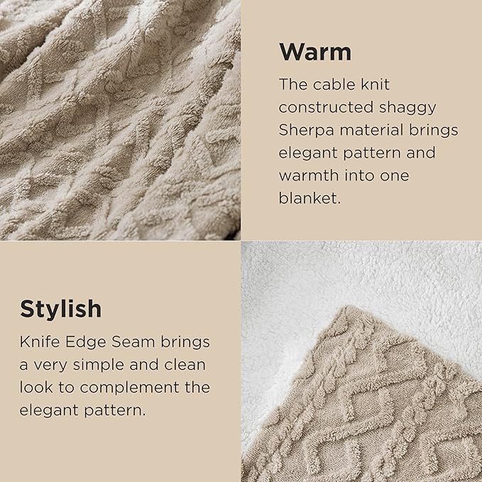 Bedsure Sherpa Fleece Throw Blanket for Couch - Soft Fluffy & Cozy Cable Jacquard Tufted Throw Blankets for Women Gift, Thick Warm Blanket for Winter and All Seasons, Beige, 50x60 Inches