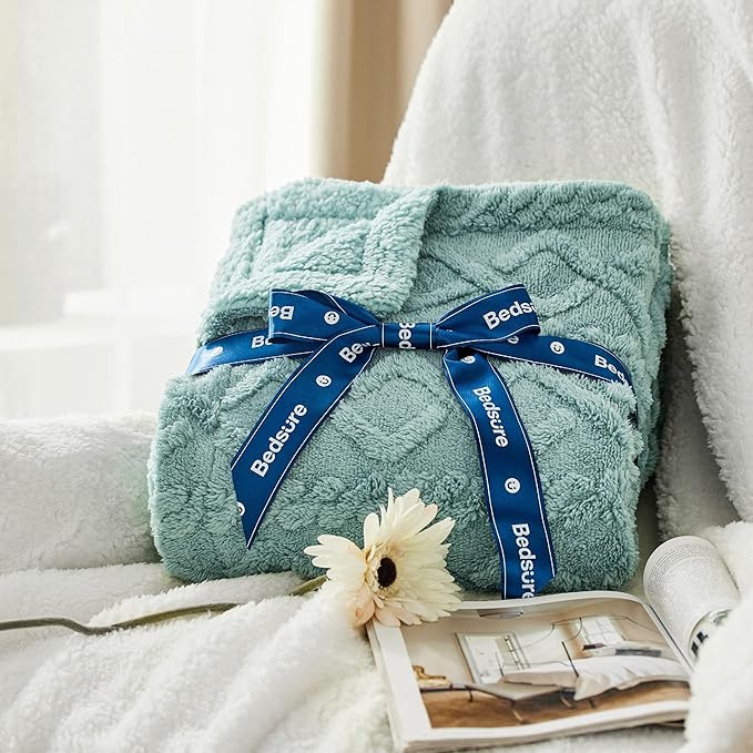 Bedsure Sherpa Fleece Throw Blanket for Couch - GentleSoft Fluffy & Cozy Cable Jacquard Tufted Throw for Women Gift, Thick and Warm Blankets for Winter, Sage Green, 50x60 Inches