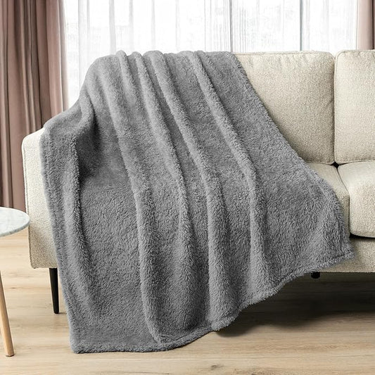 PAVILIA Sherpa Throw Blanket for Couch Sofa, Grey Fluffy Warm Plush Blanket for Twin Bed, Cozy Super Soft Lightweight Throw, Fuzzy Decorative Blanket, All Season Home, 60x80
