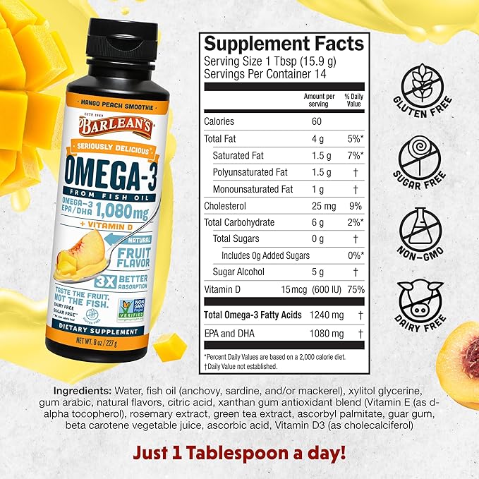 Barlean's Mango Peach Omega 3 Fish Oil Liquid Supplement with Vitamin D, 1080mg EPA & DHA Fatty Acid, Smoothie Flavored & Burpless for Brain, Joint, & Heart Health, 8 oz