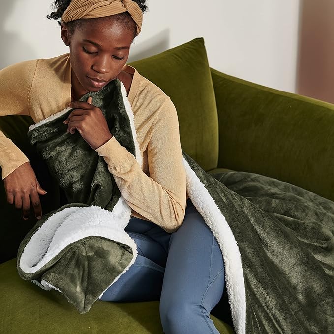 Bedsure GentleSoft Sherpa Fleece Blankets King Size for Bed - Thick and Warm, Soft Fuzzy Plush King Blanket for Winter, Olive Green, 108x90 Inches