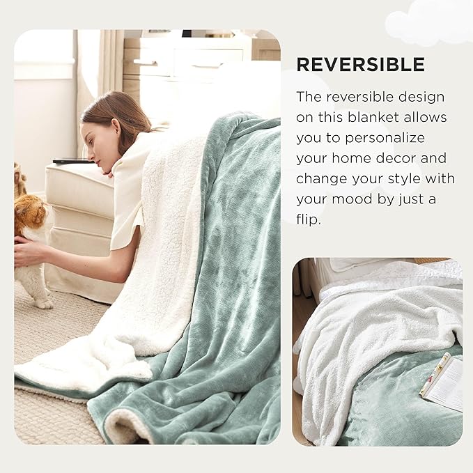 Bedsure GentleSoft Sherpa Fleece Oversized Cal King Blankets for Bed - Thick and Warm, Soft Fuzzy Plush Large Blanket for Winter, Sage Green, 112x98 Inches