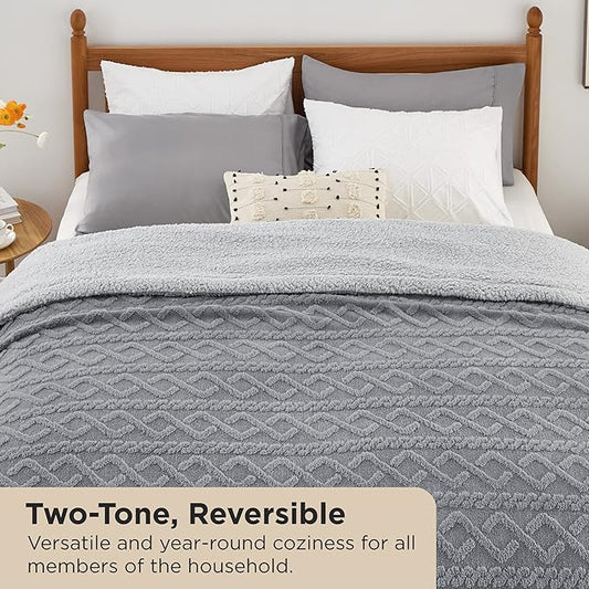 Bedsure Sherpa Queen Size Blanket for Bed - Fleece Soft Fluffy & Cozy Cable Jacquard Tufted Throw Blankets for Women Gift, Thick Warm for Winter and All Seasons, Grey, 90x90 Inches
