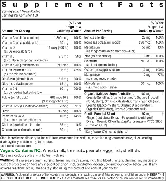 Rainbow Light Prenatal One High Potency Daily Multivitamin with Folate, Ginger and Probiotics; Supports Mom and Baby from Conception to Nursing; Vegan, 150 Tablets,* Pack May Vary