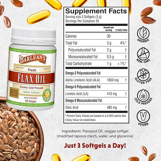 Barlean's Vegan Flaxseed Oil Supplements, Cold-Pressed Flax Seed Supplement Softgels with 1650 mg ALA Fatty Acids, 100 Count