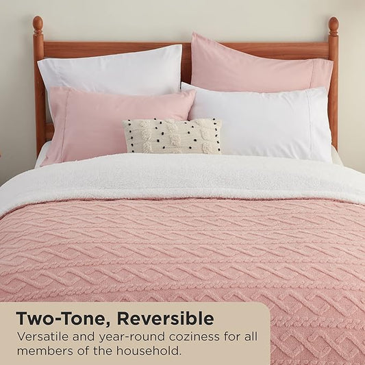 Bedsure Sherpa Queen Size Blanket for Bed - GentleSoft Fleece Fluffy & Cozy Cable Jacquard Tufted for Women Gift, Thick and Warm Blankets for Winter, Pink, 90x90 Inches