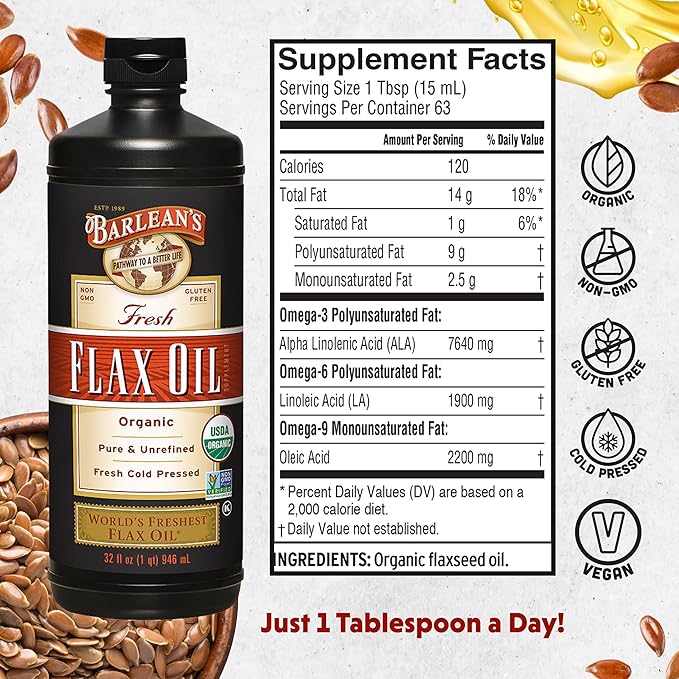 Barlean's Organic Flaxseed Oil Liquid, Cold Press Flax Seeds, 7,640mg ALA Omega 3 Fatty Acid Supplement for Joint and Heart Health & Healthy Digestion, 32 oz