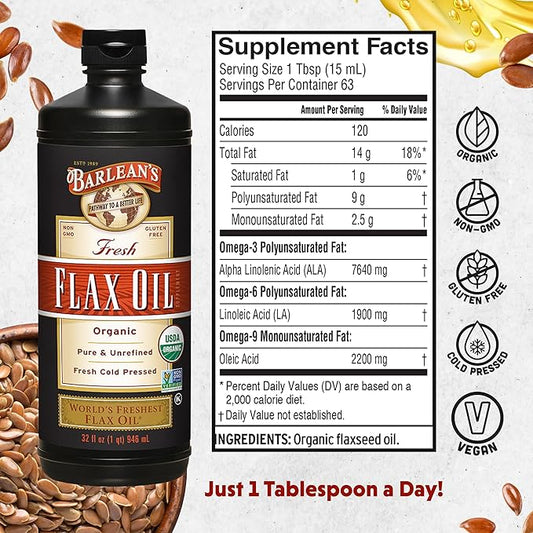 Barlean's Organic Flaxseed Oil Liquid, Cold Press Flax Seeds, 7,640mg ALA Omega 3 Fatty Acid Supplement for Joint and Heart Health & Healthy Digestion, 32 oz