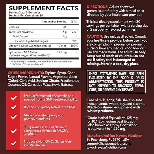 Horny Goat Weed Gummies with Vitamin B12 - Energy, Endurance & Performance Support for Male Health - 60 Count - Vegetarian-Friendly, Non-GMO, Pectin-Based - Raspberry Flavor, 1 Month Supply