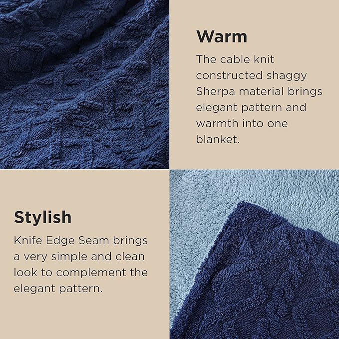 Bedsure Sherpa Queen Size Blanket for Bed - GentleSoft Fleece Fluffy & Cozy Cable Jacquard Tufted for Women Gift, Thick and Warm Blankets for Winter, Navy, 90x90 Inches