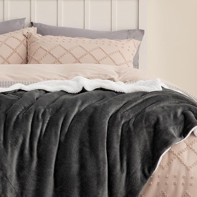 Bedsure GentleSoft Sherpa Fleece Throw Blanket Twin Size for Couch - Thick and Warm, Soft Fuzzy Plush Twin Blanket for Winter, Charcoal, 60x80 Inches