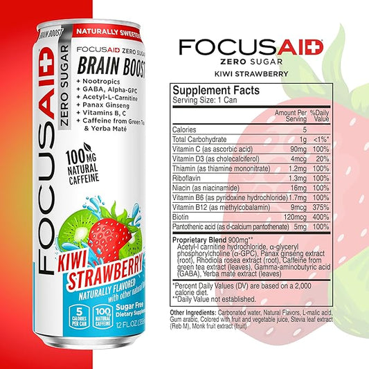 FOCUSAID ZERO SUGAR Nootropics Blend, Alpha-GPC, GABA, 100mg Natural Caffeine from Green Tea, Yerba Mate, Vitamin B-Complex, Keto-Friendly, No Artificial Sweeteners, 12 Fl Oz (Pack of 24)