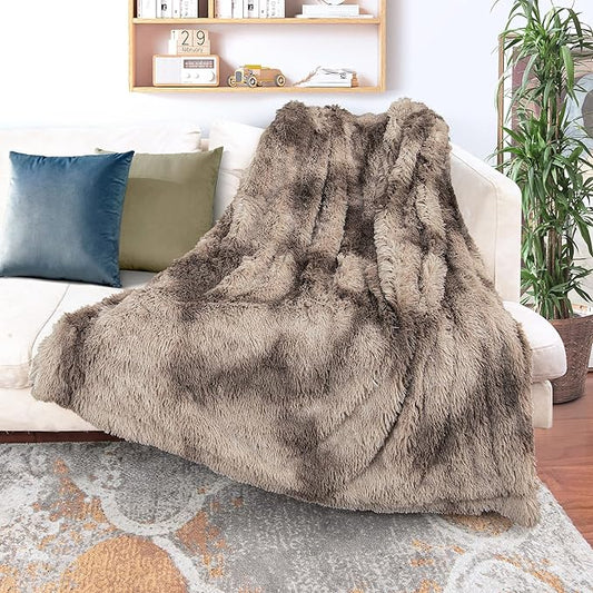 Tuddrom Decorative Extra Soft Faux Fur Blanket Queen Size 80" x 90",Solid Reversible Fuzzy Fluffy Plush Fleece Comfy Microfiber Fur Blanket for Couch Sofa Bed,Tie DyeBrown