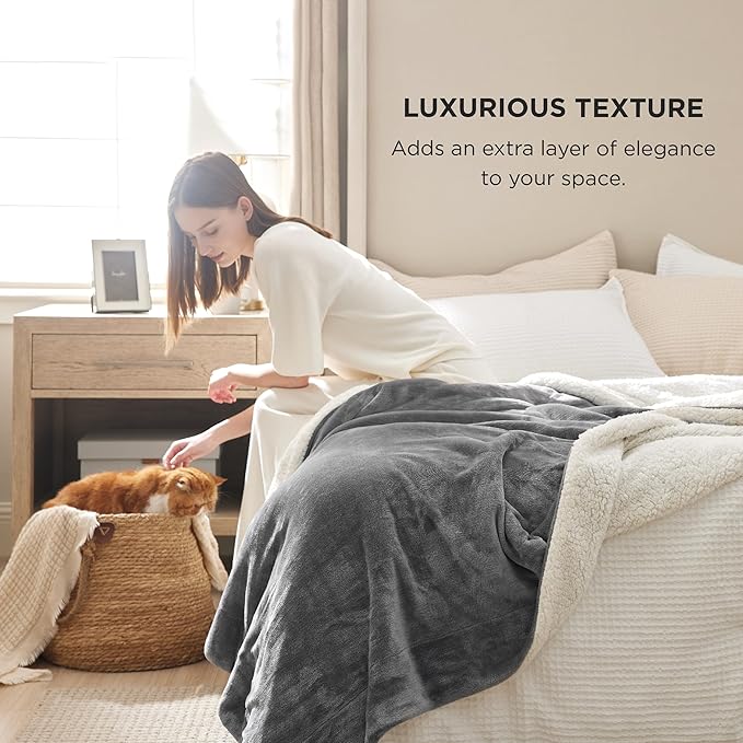 Bedsure GentleSoft Sherpa Fleece Blankets Queen Size for Bed - Thick and Warm, Soft Fuzzy Plush Queen Blanket for Winter, Grey, 90x90 Inches