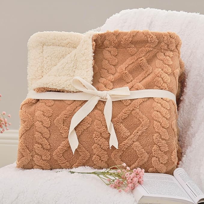 Bedsure Sherpa King Size Blanket for Bed- GentleSoft Fleece Fluffy & Cozy Cable Jacquard Tufted for Women Gift, Thick and Warm Blankets for Winter, Light Brown, 108x90 Inches