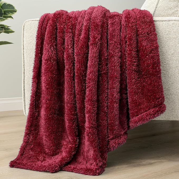 PAVILIA Sherpa Throw Blanket for Couch Sofa, Wine Red Fluffy Warm Plush Blanket for Twin Bed, Cozy Super Soft Lightweight Throw, Fuzzy Decorative Blanket, All Season Home, 60x80