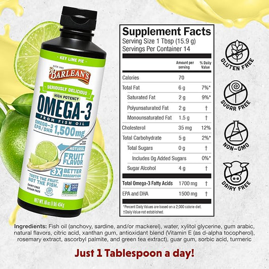 Barlean's Organic Oils Seriously Delicious Omega-3 High Potency Fish Oil, Key Lime Pie, 16 Fl Oz
