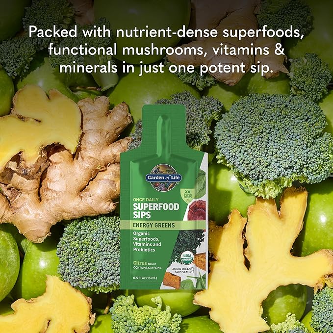 Garden of Life Superfoods Sips Pouches, Vitamins, Probiotics, 26 Organic Superfoods, Energy Greens, Functional Mushrooms, Once Daily, Organic, Vegan, Preservative-Free, Citrus Flavor, 12 Servings