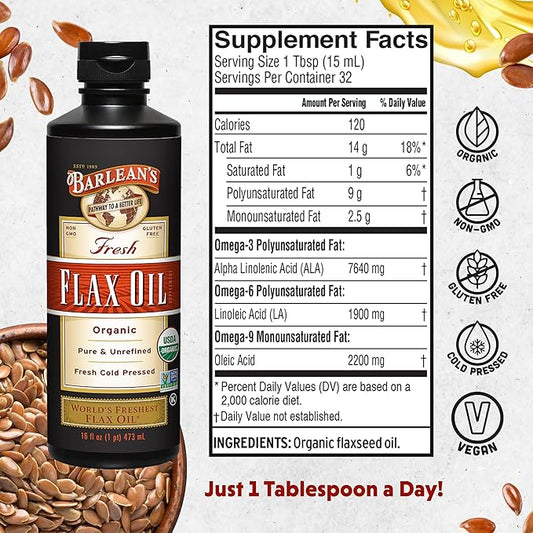 Barlean's Organic Flaxseed Oil Liquid from Cold Pressed Flax Seeds, 7,640mg ALA Omega 3 Fatty Acid Supplement for Joint and Heart Health, Vegan & Gluten Free, 16 oz