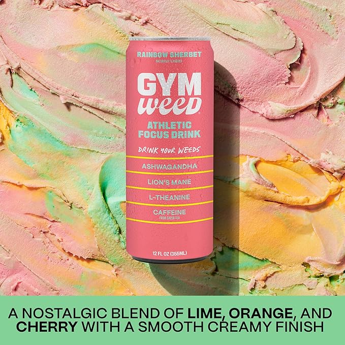 GYM WEED Athletic Focus Drink with KSM-66 Ashwagandha, Lion's Mane Mushroom, L-Theanine, 200mg Green Tea Caffeine with Natural Sweeteners Rainbow Sherbet Flavor, 12 Pack